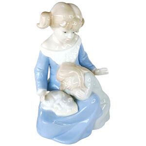 Vintage Porcelain Sisters w/ Kitten Figurine-Gift for Sister-Taiwan 6 inch